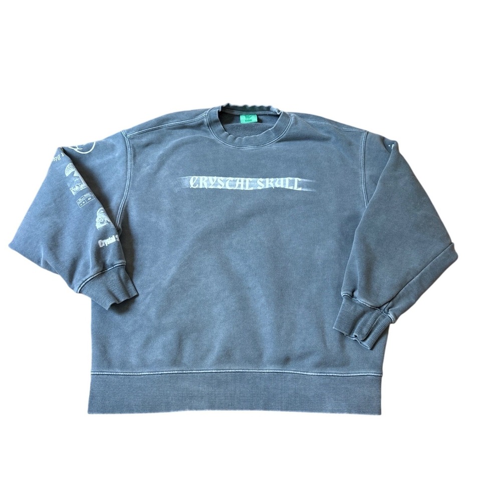 Crystal Skull Sweatshirt Women Blue Faded Graphic Oversized Vintage Style SIZE M
